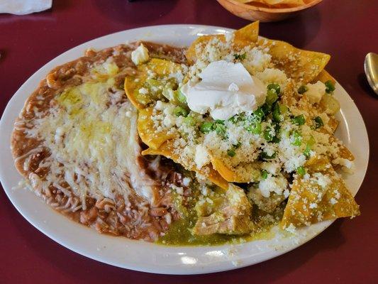 Chilaquiles Verde with Chile Verde on top