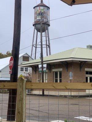 Distressed water tower. View from courtyard