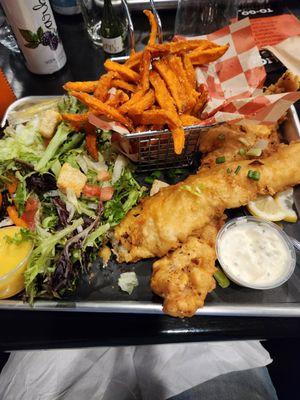 fish and  hips, subbed sweet potato fries and a salad.