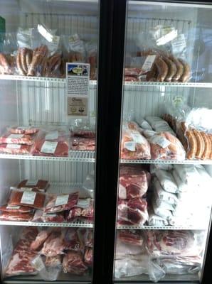 Locally raised beef and pork with no hormones or genetically altered feed.  Grass fed beef.  Large selection of cuts and sausage