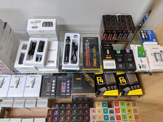 Many different vapes beginning with starter kit all the way to customized mods and tanks!