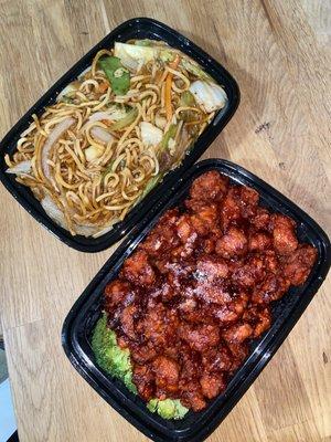 #82 Veggie lo mein & #S3 General Taos chicken