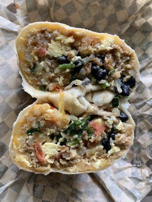 Build Your Own Breakfast Burrito w/ tots, plant-based meat, black beans, & tomatoes