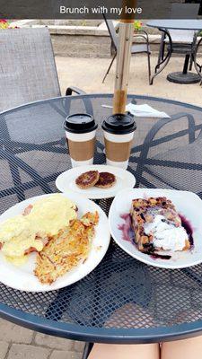 Eggs Benedict, Blueberry French Toast Bake, Sausage Patties, & Turtle Mochas with Oat Milk