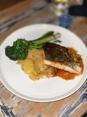 Salmon with broccolini and spaghetti squash.