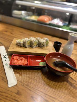 Avocado Roll, Miso Soup, and Sake.