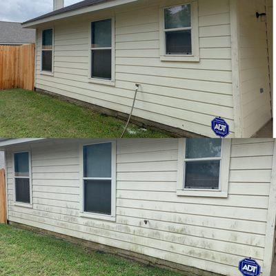 Before and after: Our house wash service cleaned this siding beautifully!  Contact us for a free estimate!  #HouseWash