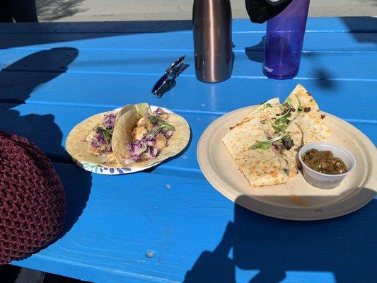 Halibut tacos on the left - $16 Smoked salmon quesadilla on the right - $14