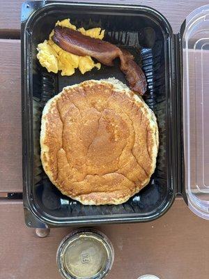 Kids Pancake with scramble and bacon.