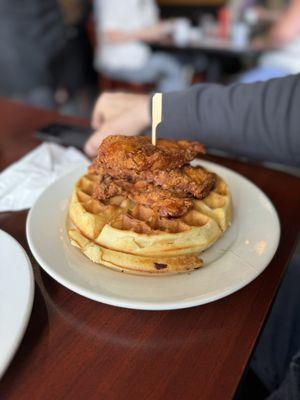 Chicken and Waffles - Breading on chicken is flavorless and has an unusual texture. Waffle was well cooked.