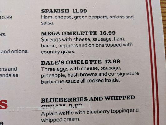 Menu description of Dave's Omelette.