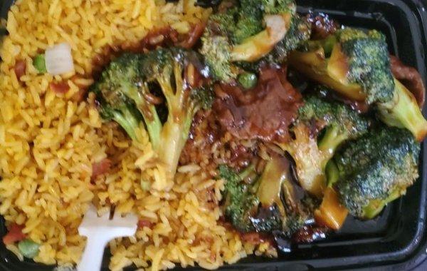 Delicious Tender Beef & Broccoli  with Pork Fried Rice. You can order White Rice, or just Fried Rice..Shrimp Fried Rice Etc