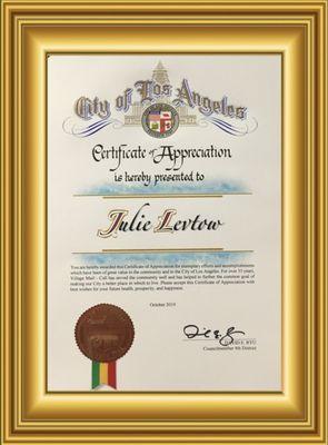 Certificate of appreciation from the City of Los Angeles.