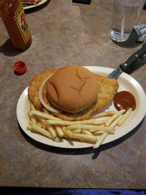 Pork tenderloin sandwich with fries. Yummy.