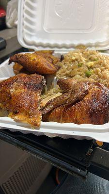 Rotisserie chicken, fried rice and fried plantains