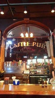 The bar with large mirror and logo.