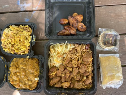 Small salt-fish and ackee, small curried chickpeas, curried goat (plantains came with salt-fish dish), meat pie, gizzado