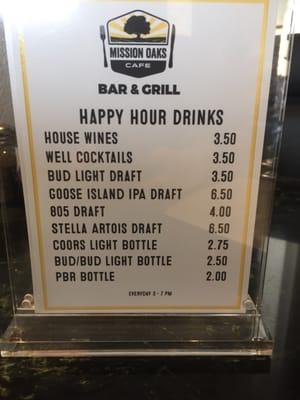 Happy Hour Drink Menu Daily from 3-7 pm