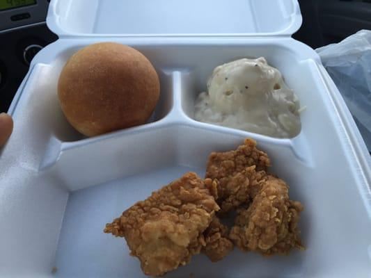 2-piece chicken chunk meal. The chicken was a bit dry but the mashed potatoes have the same taste as when I was a kid!