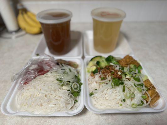 Regular Combo pho- brisket, brisket, tripe, tendon, meatball (Left)   Regular tofu and vegetable pho with veggie broth (Right)