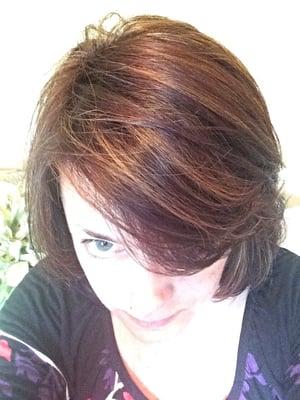 My after pic with chocolate brown base, honey highlights and flattering chin length shaggy bob