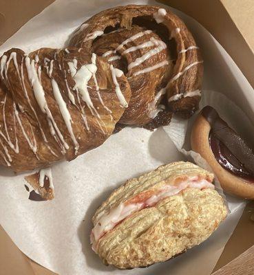 White Chocolate Croissant, Cinnamon Snail Roll, Raspberry Tart, French Waffle