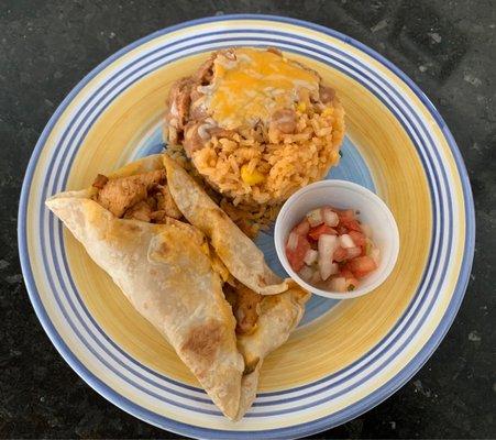 Liberty Chicken Taco with beans and rice