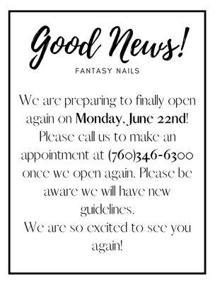 So happy to announce our reopening! We are temporarily open by appointment only so please give us a call first!