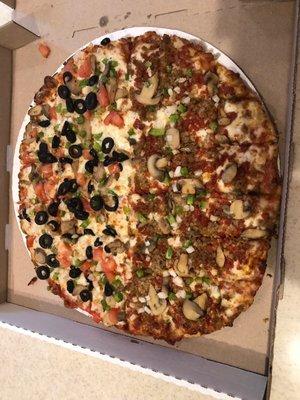 14" pizza with half Veggie Feast  -  half Royal Feast