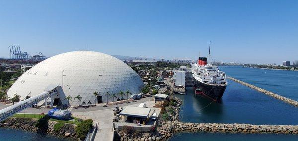 View of the cruise center and Queen Mary from the ship