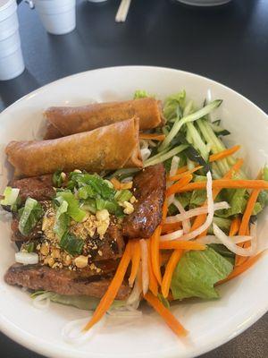 Grilled Pork Vermicelli Noodle Bowl with Eggroll