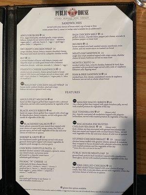 Public House Dinner Menu