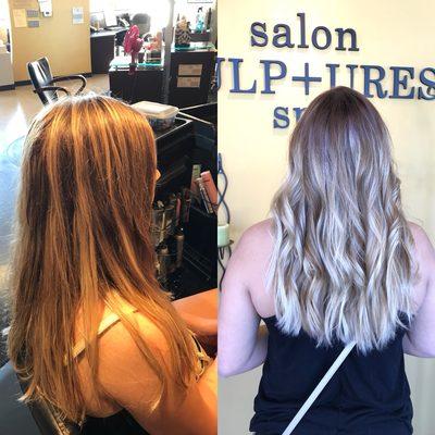 Bright blonde balayage with a natural root smudge! Love it and her!