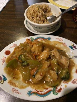 Moo goo gai pan and pork fried rice