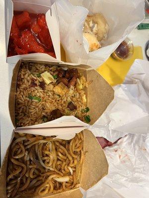 Dinner special for 2 - fried rice, chow mein, fried shrimp and sweet and sour pork with a lb of char sui