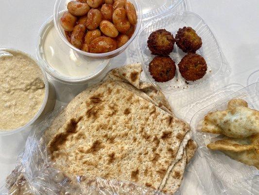 Hummus, giant beans, falafel, spinach & feta pies, flatbread