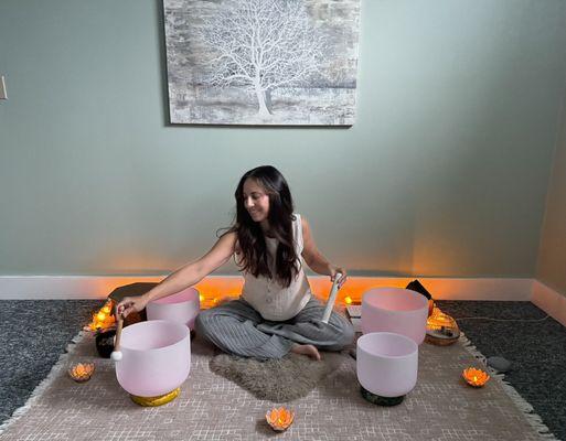 A sound bath is a deeply relaxing experience where participants are immersed in soothing sounds from crystal bowls to promote relaxation.