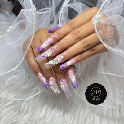 Light pink Acrylic, tapered square, lavender deep French with sugar glitter powder effect, 3D flower and butterfly