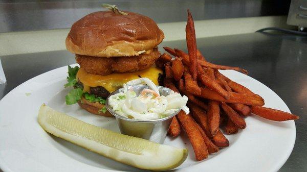 The Layover Burger with Sweet Potato Fries