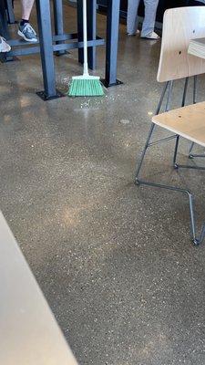 Floor covered in flith with a broom propped up against a table where people were earing