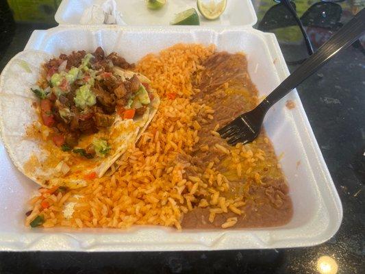 Number 8 2 tacos w/ rice and beans