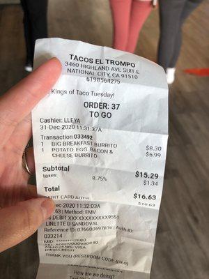 Breakfast burrito prices