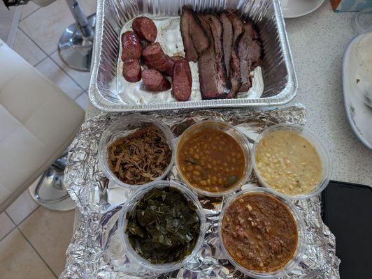 Sausage, Lean Brisket, Brisket Pulled Mushrooms, Magical Beans, Creamy Corn Collard Greens, Brunswick Stew