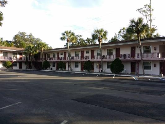 View of the hotel from across the newly related parking lot.