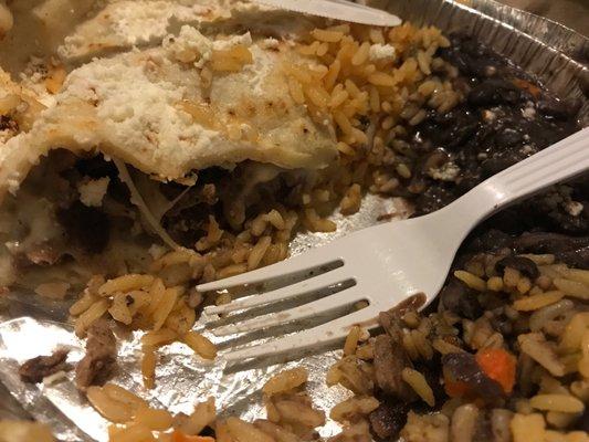 Grilled Flank Steak Quesadilla with Rice and Beans.