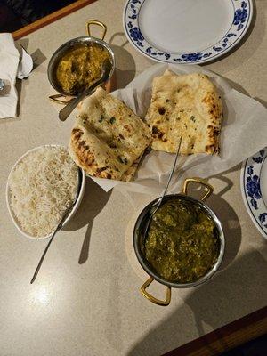 Madras lamb(top of pic), garlic naan(middle of pic), Karahi Gosht(bottom of pic)