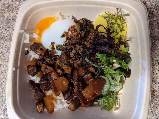 Friends of J-Sei pop-up -  Lu Rou Fan: Shoyu Braised Pork Belly with Rice, Soft Egg, Pickles, Taiwan Cabbage Slaw, Nori Sesame Crunch.