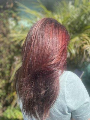 Stunning red balayage and gloss, and layered haircut by Kasea Color Queen. (Ask for Kasea, the redhead :-)