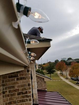 Hanging lights for Christmas holidays.