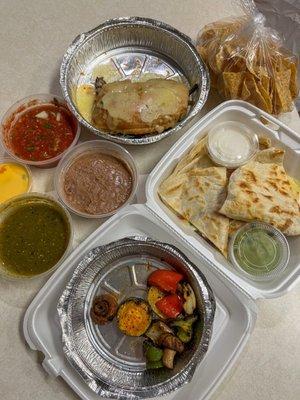 Half Quesadilla and Chile Relleno with two sides (refried bean and vegetable alambre) - our favorites!